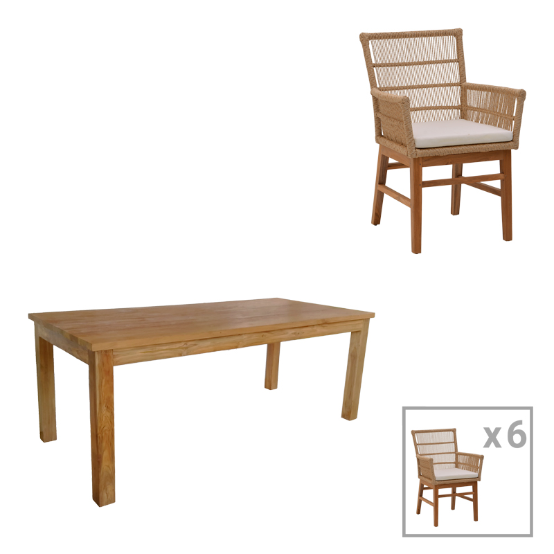 Τραπεζαρία Inca-Wooly pakoworld σετ 7τεμ σε φυσική-μπεζ απόχρωση 220x90x75εκ-343-000054