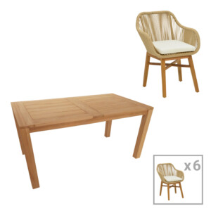 Τραπεζαρία Kalie-Pablo pakoworld σετ 7τεμ σε φυσική-μπεζ απόχρωση 160x90x76εκ-343-000062