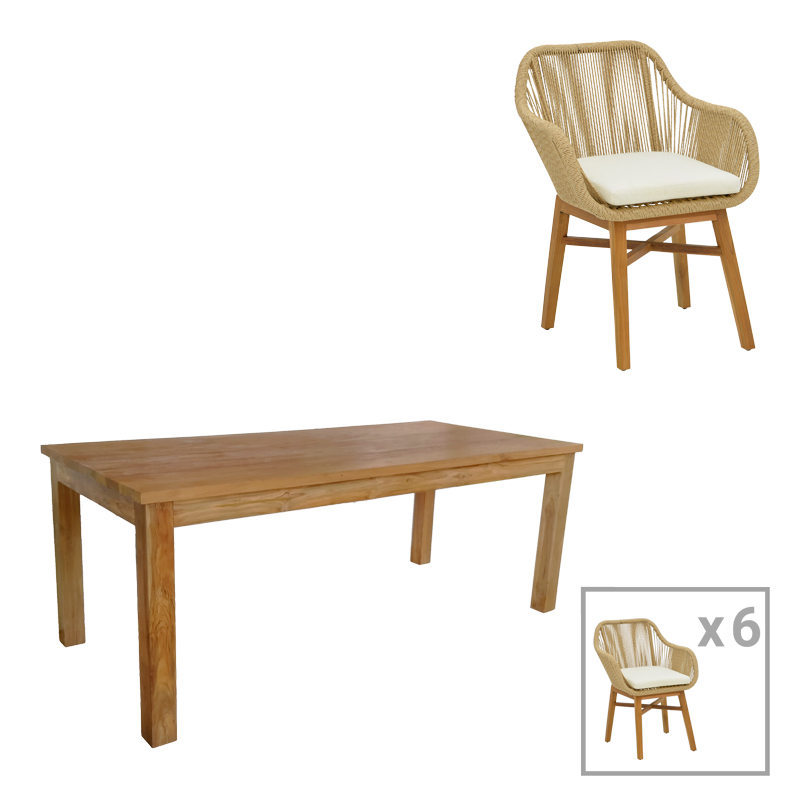 Τραπεζαρία Kalie-Wooly pakoworld σετ 7τεμ σε φυσική-μπεζ απόχρωση 220x90x75εκ-343-000063