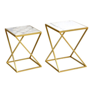 Βοηθητικά τραπεζάκια σαλονιού σετ 2τεμ Zoliene Inart χρυσό μέταλλο-λευκό μαρμάρου-352-000003