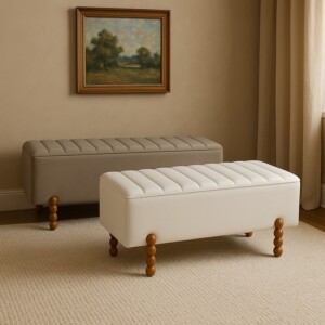 Σκαμπό μπαούλο Daph Inart σετ 2 τεμ βελούδο σε μπεζ και λευκή απόχρωση-353-000002