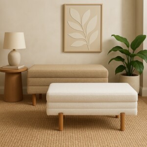 Σκαμπό μπαούλο Cindy Inart σετ 2 τεμ μπουκλέ ύφασμα σε μπεζ και λευκή απόχρωση-353-000003