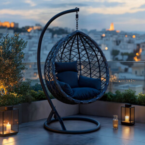 Κούνια φωλιά με βάση Lyere pakoworld μέταλλο γκρι-pe rattan σε γκρι απόχρωση 120x108x195εκ-368-000002