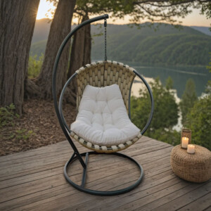 Κούνια φωλιά με βάση Makito pakoworld μέταλλο μαύρο-pvc σε μπεζ- γκρι απόχρωση 100x105x195εκ-368-000003