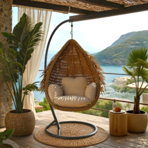 Κούνια φωλιά με βάση Varur pakoworld μέταλλο καφέ - pe rattan σε μπεζ απόχρωση 120x105x195εκ-368-000006