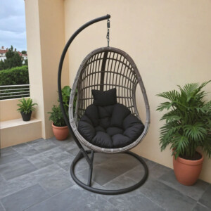 Κούνια φωλιά με βάση Cungo pakoworld μέταλλο - pe rattan σε γκρι απόχρωση 125x105x195εκ-368-000007