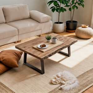 Τραπέζι σαλονιού Miles pakoworld μασίφ ξύλο ακακίας πάχους 3.7-4εκ σε φυσική απόχρωση με μαύρα μεταλλικά πόδια 115x60x45εκ-372-000009