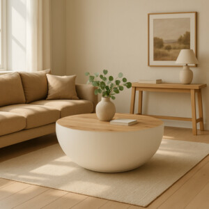 Τραπέζι σαλονιού Coffelty Inart λευκό μέταλλο-μασίφ ξύλο ακακίας Φ90x40εκ-372-000015