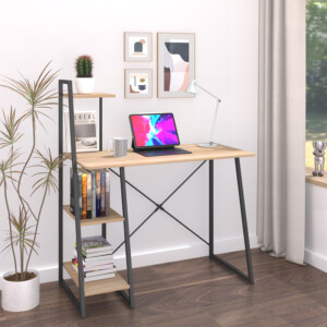 Γραφείο εργασίας Deckstor pakoworld με ραφιέρα σε oak απόχρωση με πόδι μαύρο μέταλλο 102x50x117εκ-375-000005