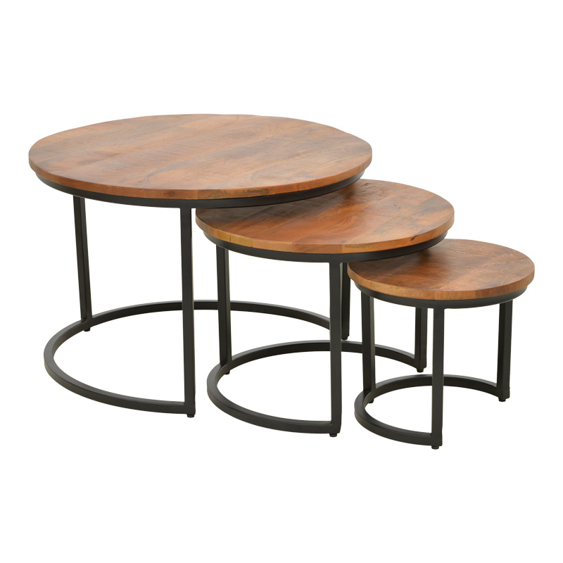 Τραπέζι σαλονιού Frina pakoworld σετ 3τεμ mango ξύλο σε καρυδί απόχρωση με πόδι μαύρο μέταλλο-379-000030