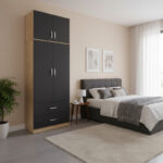 Ντουλάπα δίφυλλη με 2 συρτάρια και πατάρι Athos pakoworld σε oak-ανθρακί απόχρωση 80x42x240εκ-383-000081