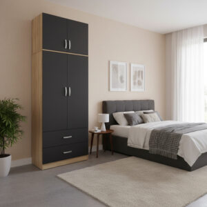 Ντουλάπα δίφυλλη με 2 συρτάρια και πατάρι Athos pakoworld σε oak-ανθρακί απόχρωση 80x42x240εκ-383-000081