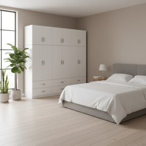 Ντουλάπα εξάφυλλη με συρτάρια και πατάρι Lego pakoworld λευκή 240x42x240εκ-383-000230