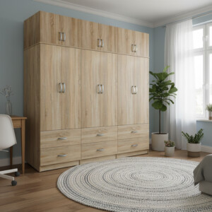 Ντουλάπα εξάφυλλη με συρτάρια και πατάρι Lego pakoworld sonoma 240x42x240εκ-383-000260