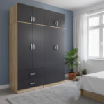 Ντουλάπα τετράφυλλη με πατάρι Athos pakoworld sonoma-ανθρακί 160x42x240εκ-383-000281