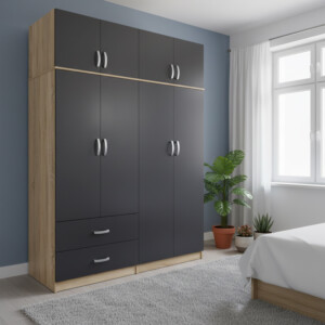 Ντουλάπα τετράφυλλη με πατάρι Lego pakoworld sonoma-ανθρακί 160x42x240εκ-383-000281