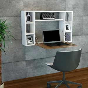 Γραφείο Τοίχου Ανοιγόμενο ArteLibre AMORGOS Λευκό/Καρυδί Μοριοσανίδα 90x20+46x60cm - Image 4