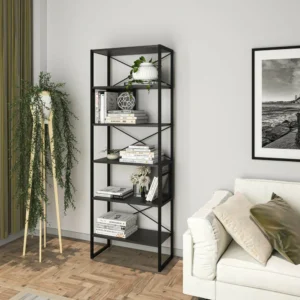 Βιβλιοθήκη ArteLibre MELA Γκρι/Μαύρο Μελαμίνη/Μέταλλο 65x32.8x180cm - Image 5