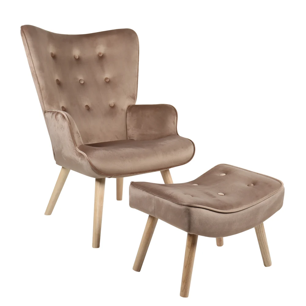 Πολυθρόνα Μπερζέρα Με Υποπόδιο ArteLibre ANIDORI Καφέ Βελούδο/Ξύλο 73x69x96cm