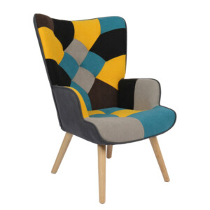 Πολυθρόνα ArteLibre BRIAR Κίτρινο/Μπλε Patchwork Ύφασμα/Ξύλο 73x69x96cm