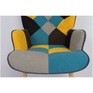 Πολυθρόνα ArteLibre BRIAR Κίτρινο/Μπλε Patchwork Ύφασμα/Ξύλο 73x69x96cm - Image 8