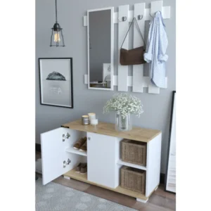 Έπιπλο Εισόδου ArteLibre Με Καθρέπτη BOKANG Δρυς/Λευκό Μοριοσανίδα/Γυαλί 90x33x90cm - Image 2