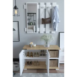 Έπιπλο Εισόδου ArteLibre Με Καθρέπτη BOKANG Δρυς/Λευκό Μοριοσανίδα/Γυαλί 90x33x90cm - Image 3