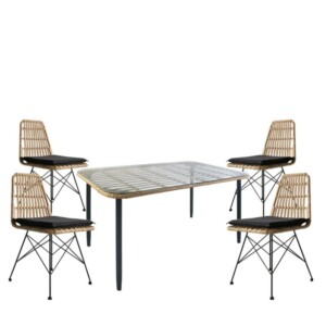 Σετ Τραπεζαρία Κήπου ArteLibre ANNIUS Φυσικό/Μαύρο Μέταλλο/Rattan/Γυαλί Με 4 Καρέκλες 14990289