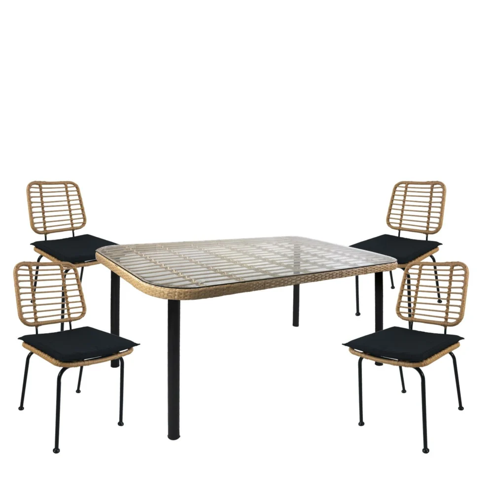 Σετ Τραπεζαρία Κήπου ArteLibre AMPIUS Φυσικό/Μαύρο Μέταλλο/Rattan/Γυαλί Με 4 Καρέκλες 14990311