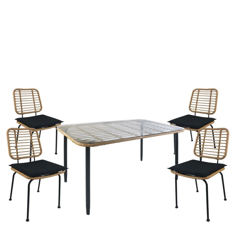 Σετ Τραπεζαρία Κήπου ArteLibre ANNIUS Φυσικό/Μαύρο Μέταλλο/Rattan/Γυαλί Με 4 Καρέκλες 14990313