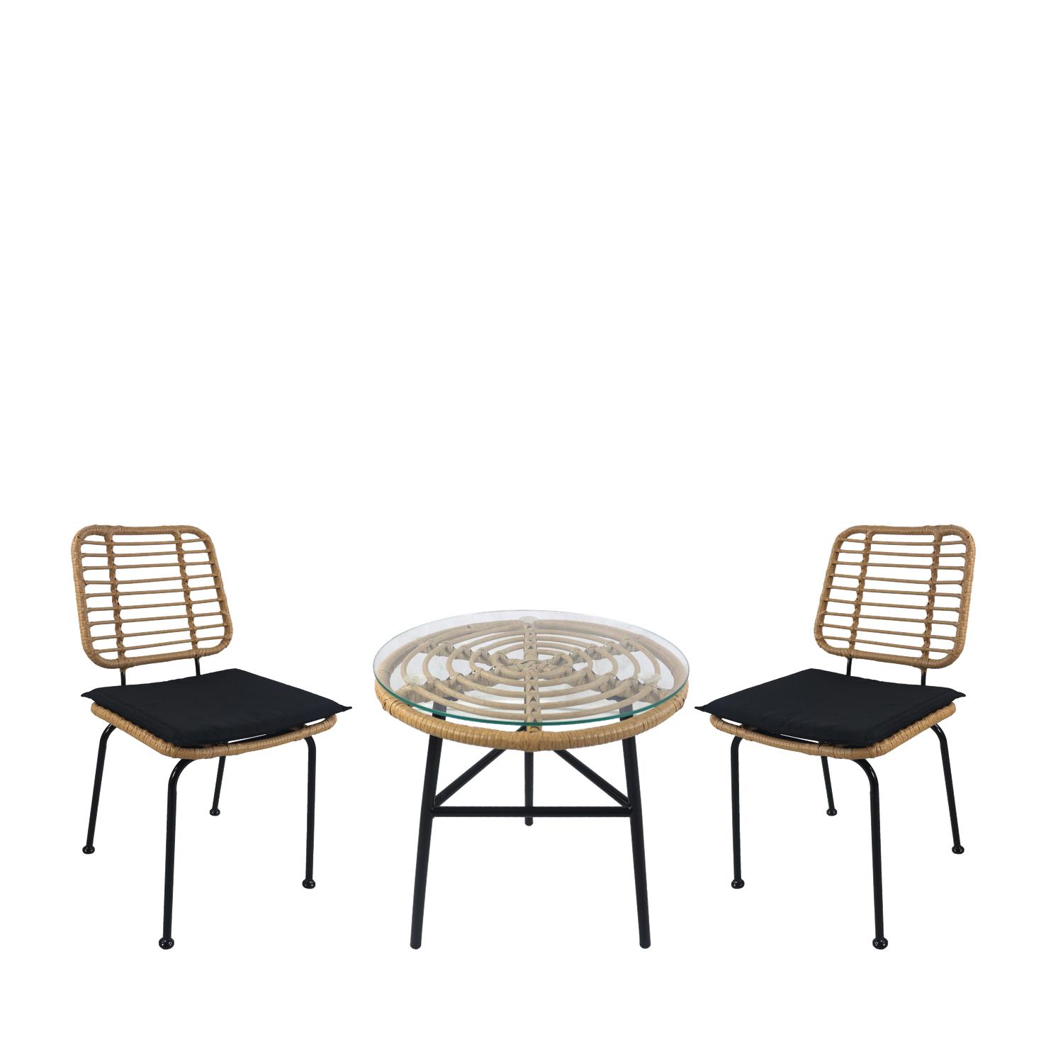 Σετ Τραπεζαρία Κήπου ArteLibre ARELLIUS Φυσικό/Μαύρο Μέταλλο/Rattan/Γυαλί Με 2 Καρέκλες 14990353
