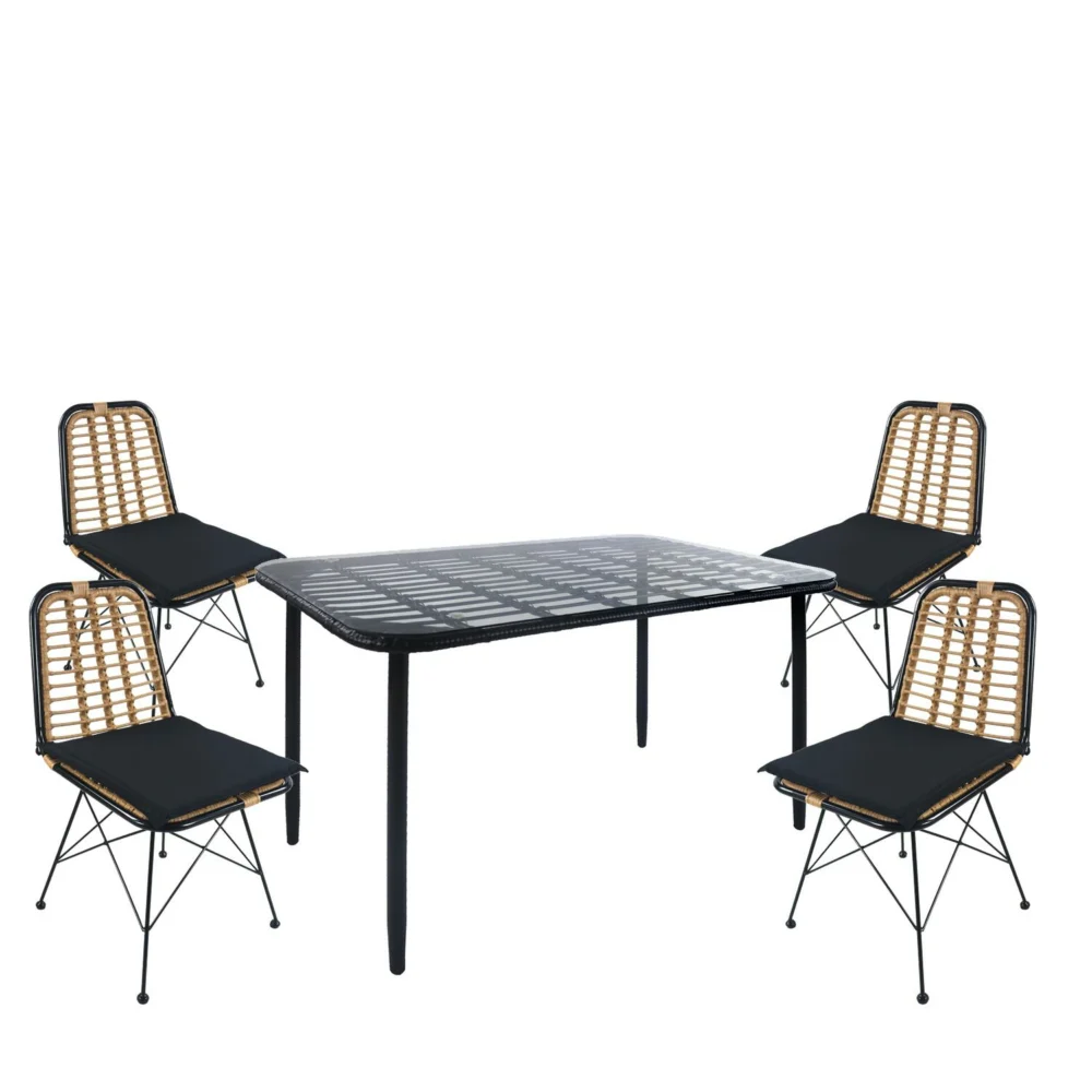 Σετ Τραπεζαρία Κήπου ArteLibre ANNIUS Μαύρο Μέταλλο/Rattan/Γυαλί Με 4 Καρέκλες 14990372