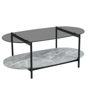 ΤΡΑΠΕΖΙ ΣΑΛΟΝΙΟΥ ΟΒΑΛ KITTY HM18040 ΓΥΑΛΙ ΦΙΜΕ TOP-GREY MARBLE ΜΕΛΑΜΙΝΗ 110x50x43Υεκ