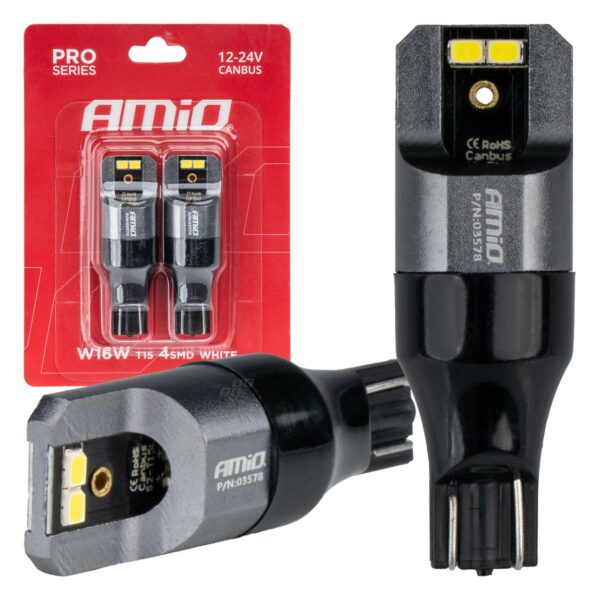 Amio - ΛΑΜΠΑΚΙΑ T15 W16W 12/24V 6.000K 4xSMD LED CAN-BUS ΛΕΥΚΟ 2016 PRO SERIES - 2 Τεμ. (03578/AM) 03578