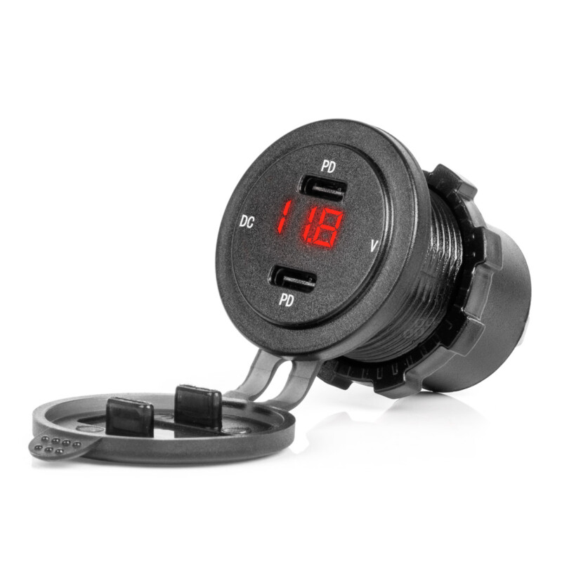 ΠΡΙΖΑ ΜΕ 2 ΘΥΡΕΣ USB-C ΚΑΙ ΨΗΦΙΑΚΟ ΒΟΛΤΟΜΕΤΡΟ ΜΕ ΚΑΠΑΚΙ 12/24V ΑΔΙΑΒΡΟΧΗ ΜΕ ΚΟΚΚΙΝΗ LED ΕΝΔΕΙΞΗ ΜΑΥΡΗ AMIO - 1 Τεμ. 04225