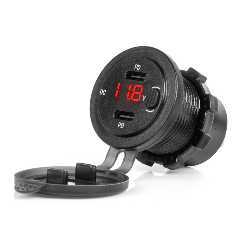 ΠΡΙΖΑ ΜΕ 2 ΘΥΡΕΣ USB-C ΚΑΙ ΨΗΦΙΑΚΟ ΒΟΛΤΟΜΕΤΡΟ ΜΕ ΔΙΑΚΟΠΤΗ&ΚΑΠΑΚΙ 12/24V ΑΔΙΑΒΡΟΧΗ ΜΑΥΡΗ AMIO - 1 Τεμ. 04226