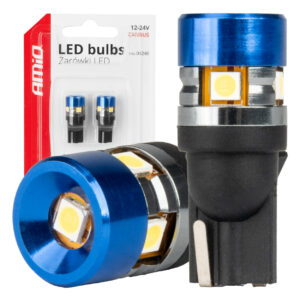 Amio - Λάμπες LED T10 W5W τάση λειτουργίας 12/24V με 5xSMD 3030 Can-bus λευκό φως 5.500K (σε χρώμα μπλε-μαύρο) για Επιβατικά Αυτοκίνητα και Φορτηγά - 2 τεμ. (04240/AM) 04240