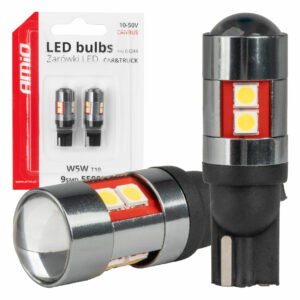 Amio - Λάμπες LED CAN Bus T10 W5W (W2.1x9.5d) Universal για Επιβατικά Αυτοκίνητα & Φορτηγά με τάση 12V-48V & 9xSMD 3030 σε Λευκή απόχρωση 5500K Chrome/Black - Σετ 2 τεμ. (04244/AM) 04244