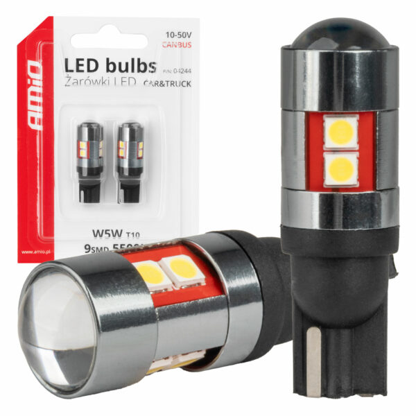 Amio - Λάμπες LED CAN Bus T10 W5W (W2.1x9.5d) Universal για Επιβατικά Αυτοκίνητα & Φορτηγά με τάση 12V-48V & 9xSMD 3030 σε Λευκή απόχρωση 5500K Chrome/Black - Σετ 2 τεμ. (04244/AM) 04244