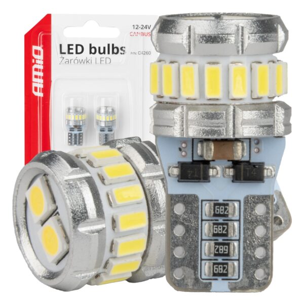 Amio - Λάμπα LED CANBUS T10 (W5W) 16SMD 3014 + 2SMD 3030 Λευκή 6000K 12V/24V για Φώτα Θέσης, Πινακίδας & Εσωτερικού - 2τεμ. (04260/AM) 04260