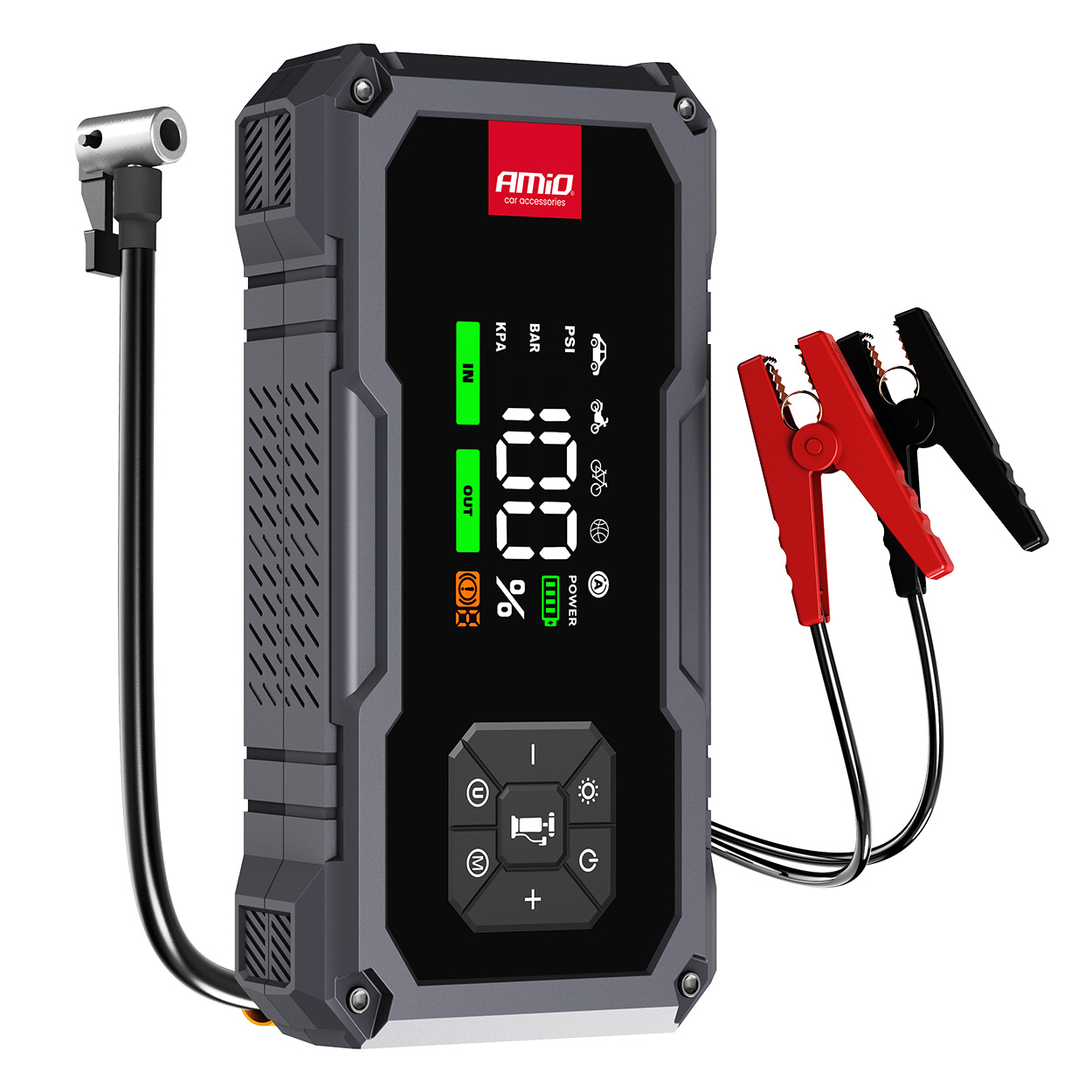 Amio - Φορητός Εκκινητής Μπαταρίας (Jump Starter) με ενσωματωμένο Κομπρεσέρ Αέρα Amio - Φορητός Εκκινητής Μπαταρίας (Jump Starter) με ενσωματωμένο Κομπρεσέρ Αέρα, Powerbank και Φακό LED τάση λειτουργίας 12V με χωρητικότητα 7,2Ah και μέγιστο ρεύμα εκκίνησης 600A για Επιβατικά Αυτοκίνητα - 1 τεμ. (04674/AM) 04674 - Image 1