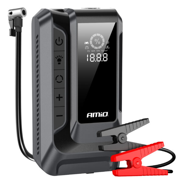 Amio - Φορητός Εκκινητής Μπαταρίας (Jump Starter) 4 σε 1 με ενσωματωμένο Κομπρεσέρ Αέρα, Powerbank και Φακό LED τάση λειτουργίας 12V με χωρητικότητα 12Ah και μέγιστο ρεύμα εκκίνησης 1600A για Επιβατικά Αυτοκίνητα - 1 τεμ. (04677/AM) 04677