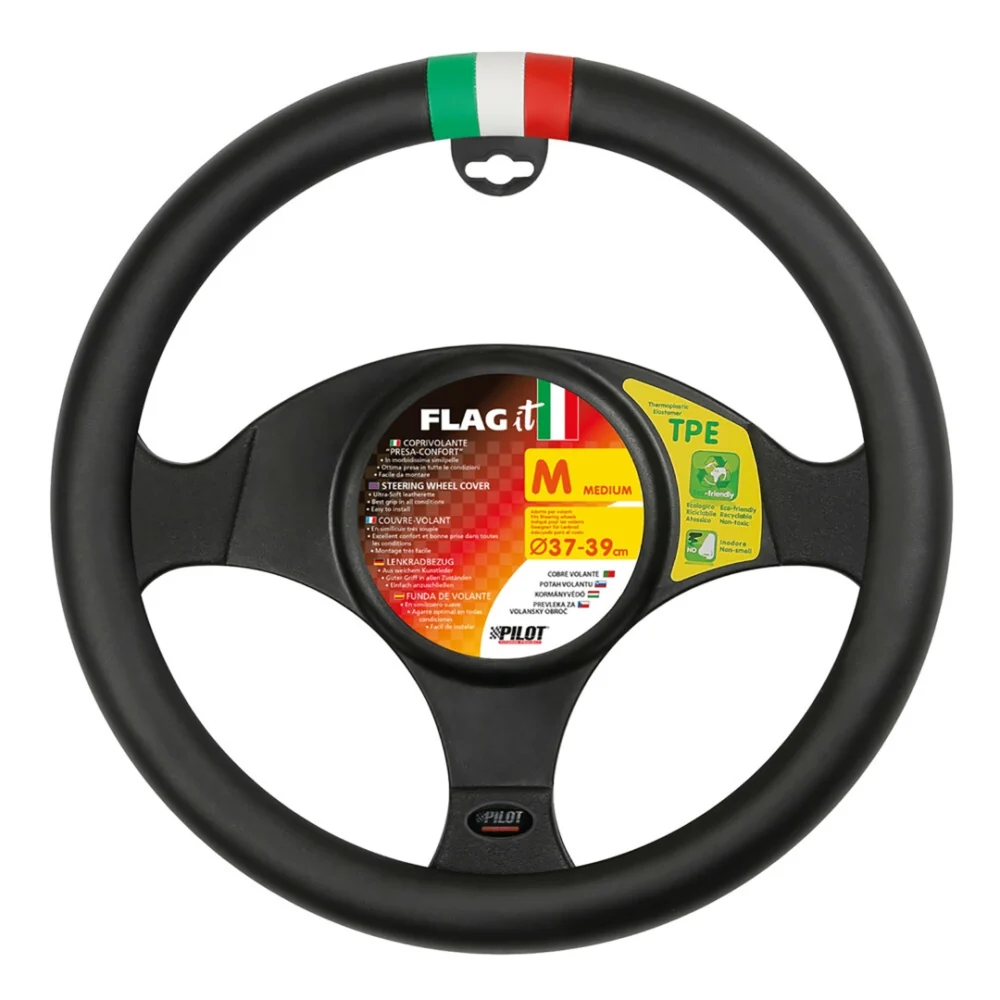 ΚΑΛΥΜΜΑ ΤΙΜΟΝΙΟΥ FLAG IT (ΣΗΜΑΙΑ ΙΤΑΛΙΑΣ) (M) 37/39cm ΔΕΡΜΑΤΙΝΗ ΜΑΥΡΟ ΑΟΣΜΟ ECO-FRIENDLY Lampa Κάλυμμα Τιμονιού Αυτοκινήτου FLAG iT Σημαία Ιταλίας 37-39εκ. Άοσμο Από Ultra-soft Skeentex Μαύρο 1-τεμ. (L3295.5) 32955 - Image 1