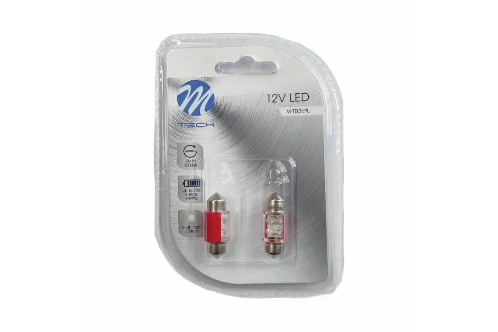 ΛΑΜΠΑΚΙΑ ΠΛΑΦΟΝΙΕΡΑΣ C5W/C10W 12V 0 ΛΑΜΠΑΚΙΑ ΠΛΑΦΟΝΙΕΡΑΣ C5W/C10W 12V 0,49W SV8,5 31mm LED 4xFlux 3mm ΚΟΚΚΙΝΟ BLISTER 2ΤΕΜ. M-TECH LB022R - Image 1