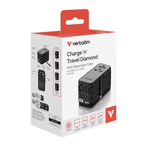 Verbatim Charge 'n' Travel Diamond 85W Retractable Cable CNT-02 Verbatim Charge 'n' Travel Diamond 85W Retractable Cable CNT-02 - Image 1