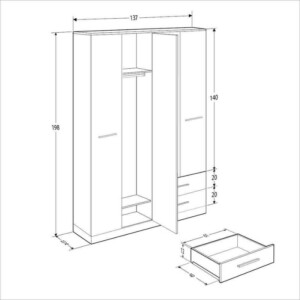 Ντουλάπα ρούχων Base Megapap τετράφυλλη με συρτάρια χρώμα λευκό - sonoma 137x52x198εκ. - Image 9