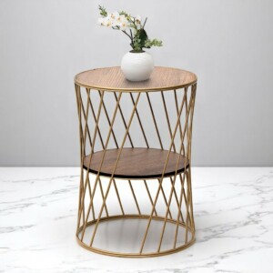 Τραπεζάκι βοηθητικό Jaspin Megapap μεταλλικό - Mdf χρώμα χρυσό - καρυδί 32x32x44εκ. - Image 2