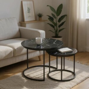 Τραπεζάκια σαλονιού Gary Megapap Mdf - μεταλλικό χρώμα μαύρο εφέ μαρμάρου 65x65x44εκ. - Image 2