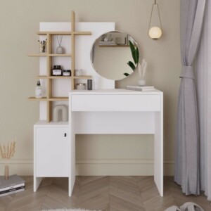 Τουαλέτα με καθρέπτη Mup Megapap χρώμα λευκό - φυσικό οξιάς 105x35x151εκ.