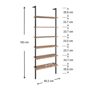Βιβλιοθήκη τοίχου Madison Megapap μεταλλική - μελαμίνης χρώμα μαύρο - pine oak 60x20x183εκ. - Image 3